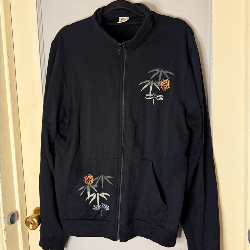 L daydream batik Black Zip-Up with screen print dragonfly and bamboo art